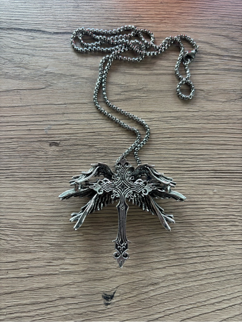 Ornate Silver Cross Wings Pendant Necklace